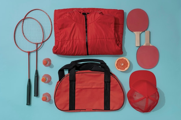 Top view of composition with neatly arranged and organized sport items