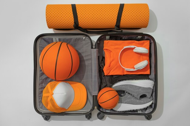 Top view of composition with neatly arranged and organized sport items