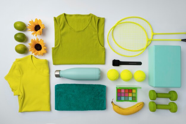 Top view of composition with neatly arranged and organized sport items