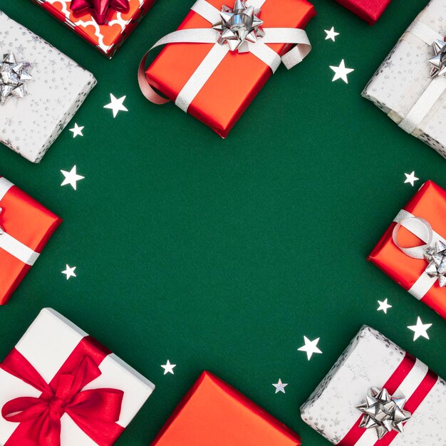 Top view composition of wrapped gifts with copy space