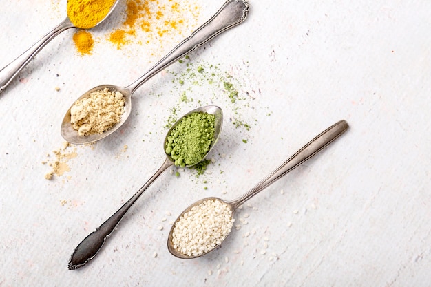 Free photo top view of condiments powder concept