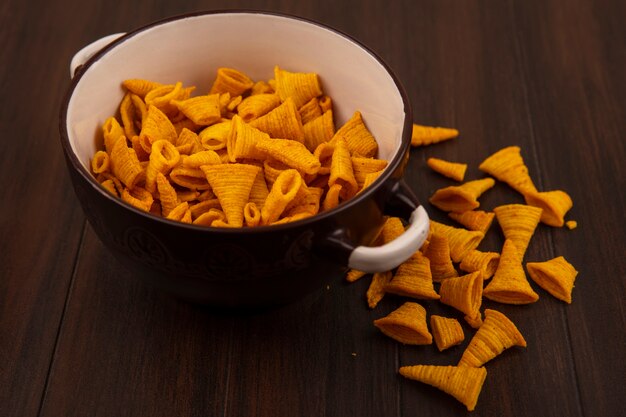 Top view of cone shape fried corn snacks on a bowl on a wooden table
