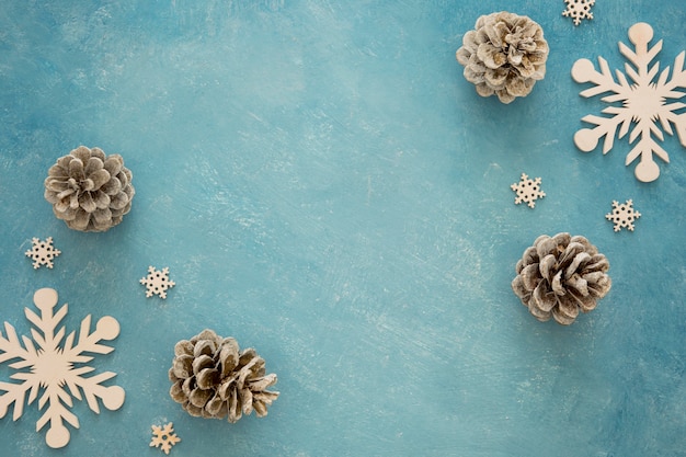 Top view conifer pine cones and snowflakes