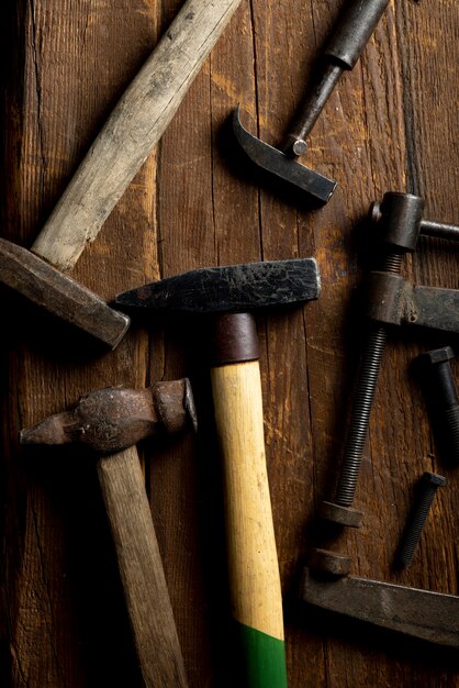 Top view  construction hammers still life