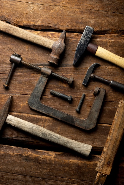 Top view  construction hammers still life