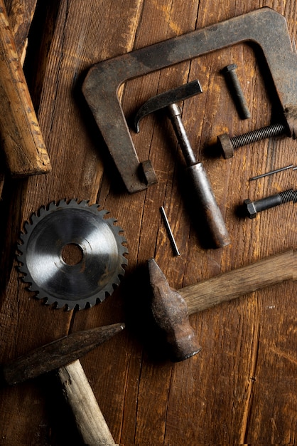 Top view  construction hammers still life