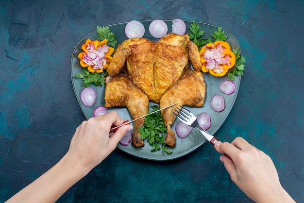 Top view cooked chicken with greens inside plate on dark blue desk chicken meat food dinner meat