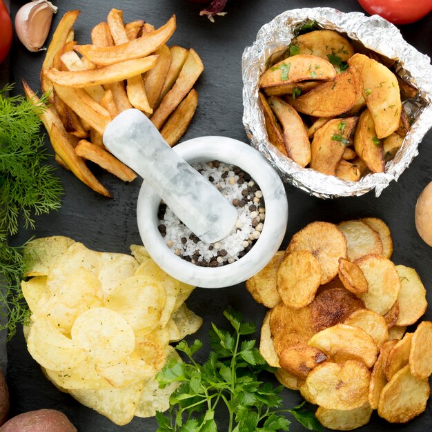 Top view cooked potatoes in different ways