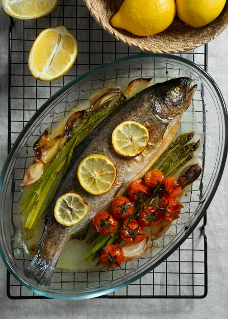 Top view cooked trout still life