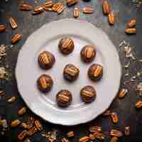 Free photo top view cookies in plate with nuts on black background.