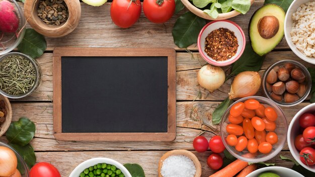 Top view copy space chalkboard and veggies