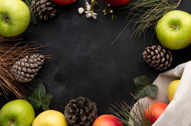 Top view copy space colored apples and fir cones around the edges on a black background