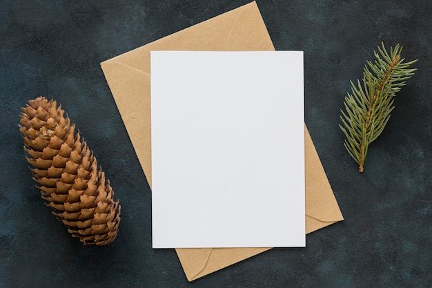 Free photo top view copy space papers and pine cone