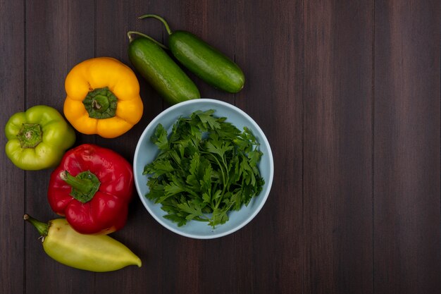 Top view  copy space parsley in bowl with cucumbers and bell peppers on wooden background