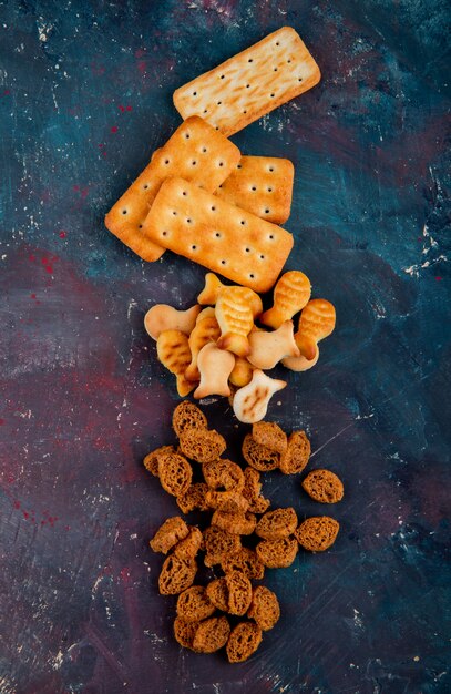 Top view copy space salted cookies with breadcrumbs on a pink-blue background