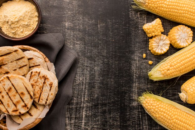 Top view corn and arepas arrangement