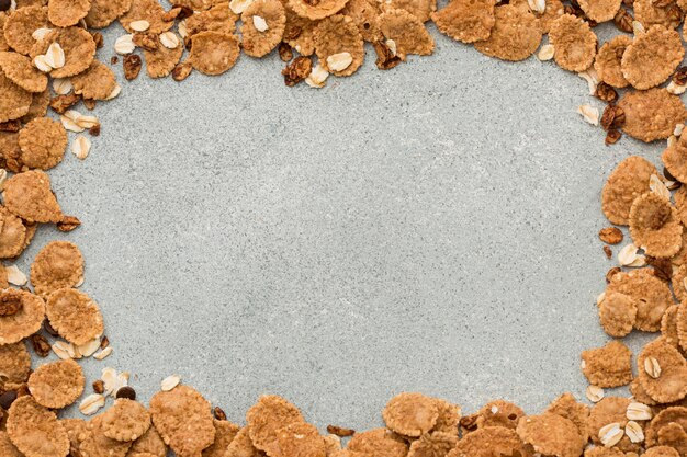 Top view corn flakes on table with copy space