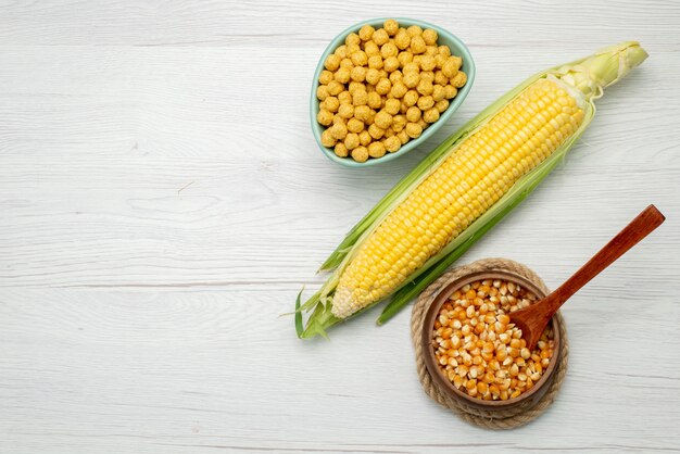 Top view corn seeds yellow colored with cereals inside plate on white