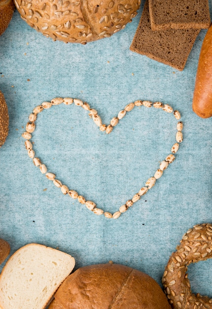 La vista superiore dei semi ha messo nella forma del cuore su fondo blu con lo spazio della copia