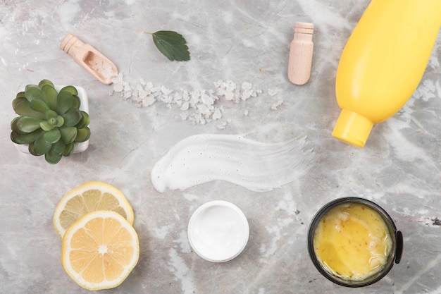 Top view of cosmetics on marble background