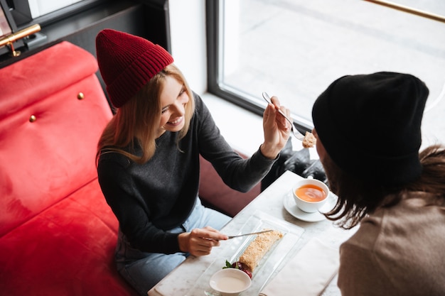 Top view of couple in cafe