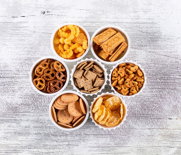 Free Photo top view crackers in bowls on white wooden  horizontal 1