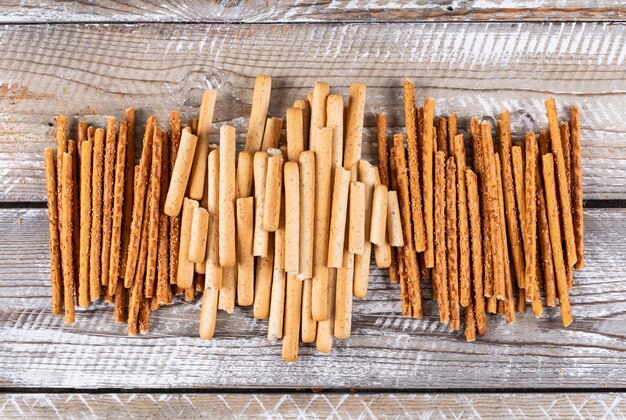 Top view of crackers on wooden  horizontal