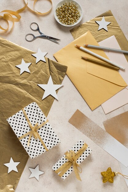 top view crafting and wrapping for new year