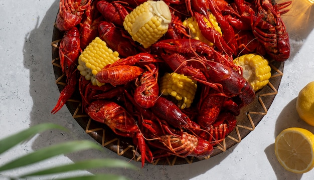 Top view crawfish and corn still life