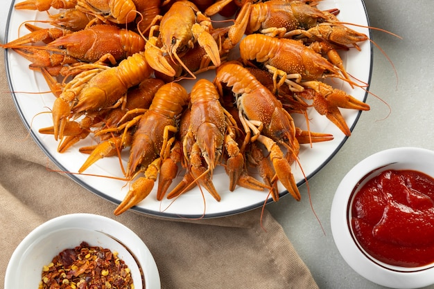 Top view of crawfish on a plate