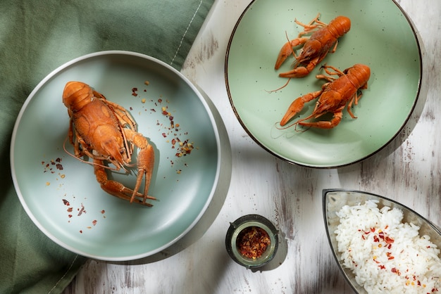 Top view of crawfish in plates