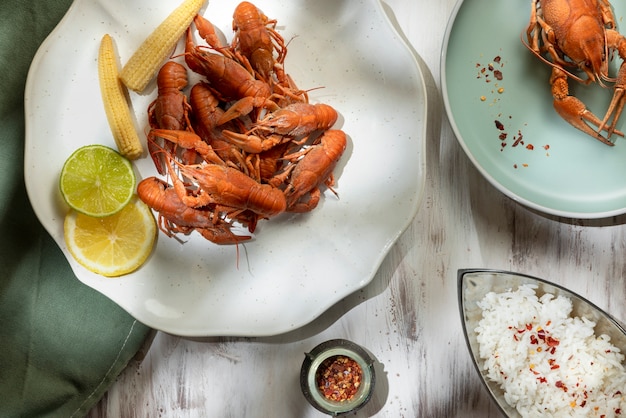 Free photo top view of crawfish in plates