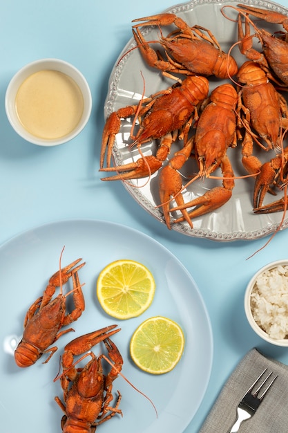 Top view of crawfish in plates