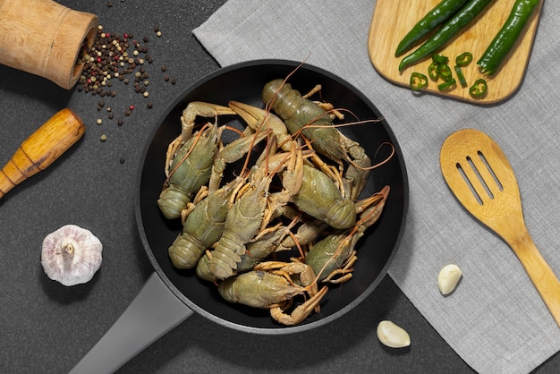 Top view of crawfish in a saucepan