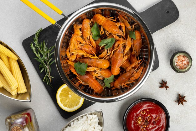 Top view of crawfish in strainer