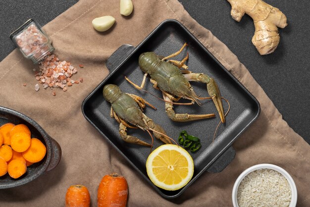 Top view of crawfish in tray