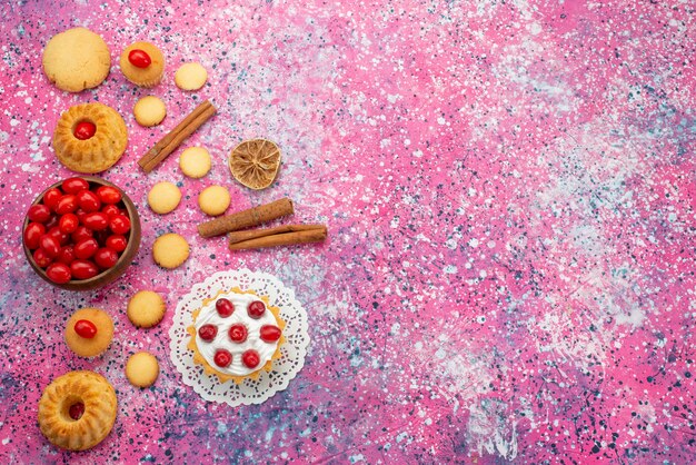 Top view cream cake with fresh red cranberries along with cinnamon cookies on the purple desk biscuit sugar sweet 