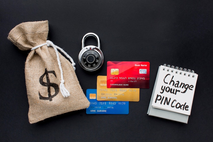 Free Photo top view of credit cards with lock and money bag