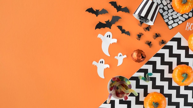 Top view creepy halloween elements with copy space