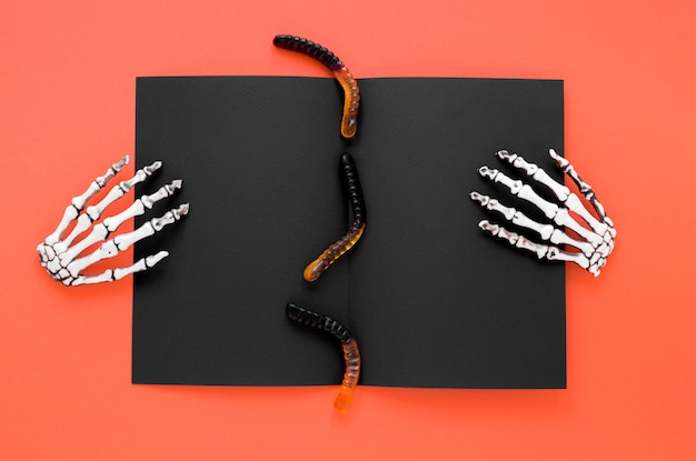 Top view creepy skeleton hands for halloween