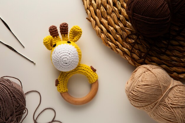 Top view crochet plush still life