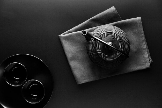 Top view of crockery with teapot