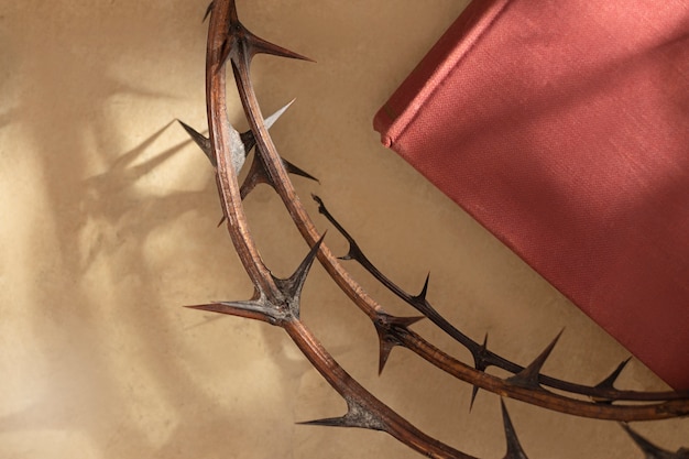 Free photo top view crown of thorns and book still life