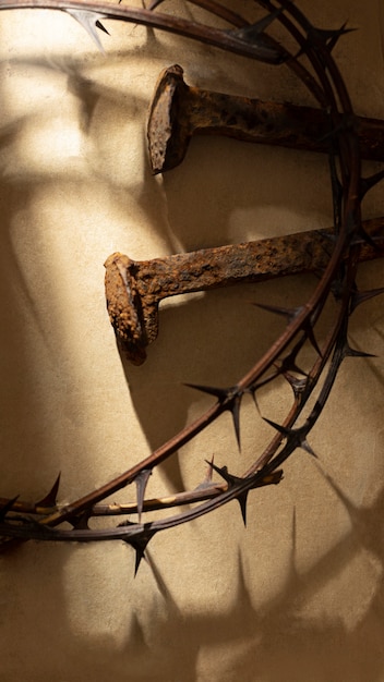 Top view crown of thorns and rusty nails