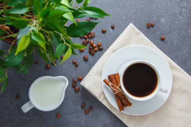 Top view a cup of coffee with dry cinnamon, plant, milk on gray surface. horizontal