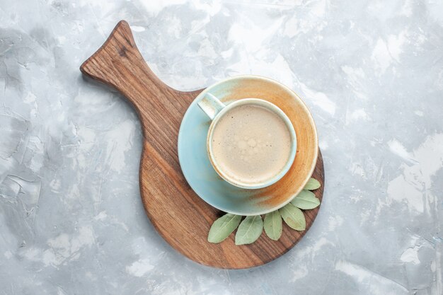 Top view cup of coffee with milk inside cup on white desk drink coffee milk desk espresso americano