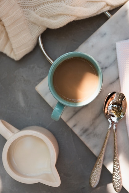 Top view cup of coffee with milk