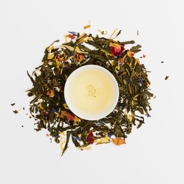 Top view cup of tea surrounded by dry leaves