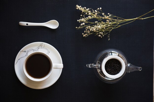 Top view cup of tea with branch