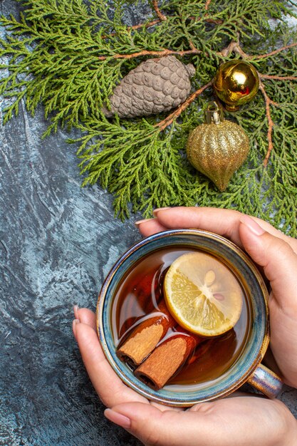 Top view cup of tea with cinnamon and green branch on light background